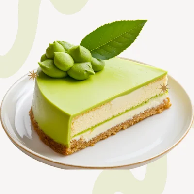 Rebanada de pastel de matcha servida en plato blanco